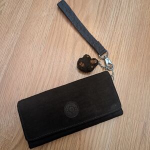 Kipling Black Fold-Over Wristlet Wallet with Patterned Strap